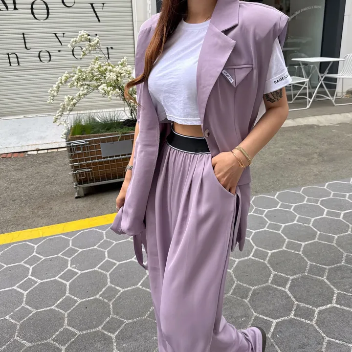 [패치선택가능/패드내장] 루즈핏 하프 시스루 트임 벨트 삼각 미니패치 조끼 베스트 + 하이 배색 밴딩 롱 찰랑 와이드 팬츠 세트 2COLOR 상세 이미지 11