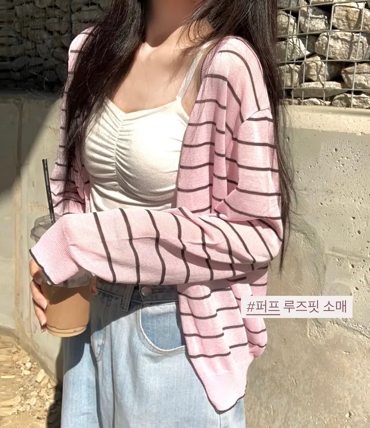 🍓크림딸기 스트라이프 단가라 여름 시스루 가디건 -4col 상세 이미지 3