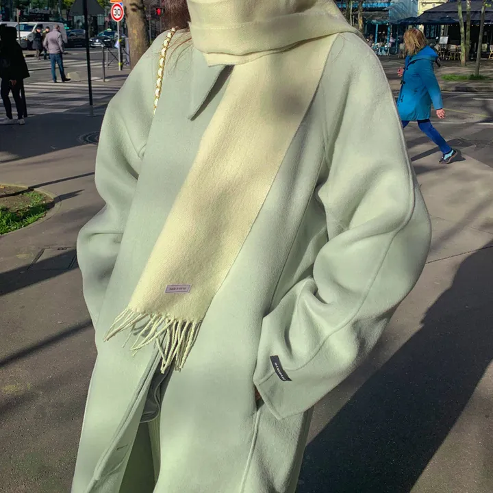 [메리노울100%🤎handmade] 백화점퀄 wool 핸드메이드 롱 울 코트 카라 로브 모직 루즈핏 벨트 싱글 히든버튼 트임 겨울 아우터 네이비 베이지 민트 3col 상세 이미지 30