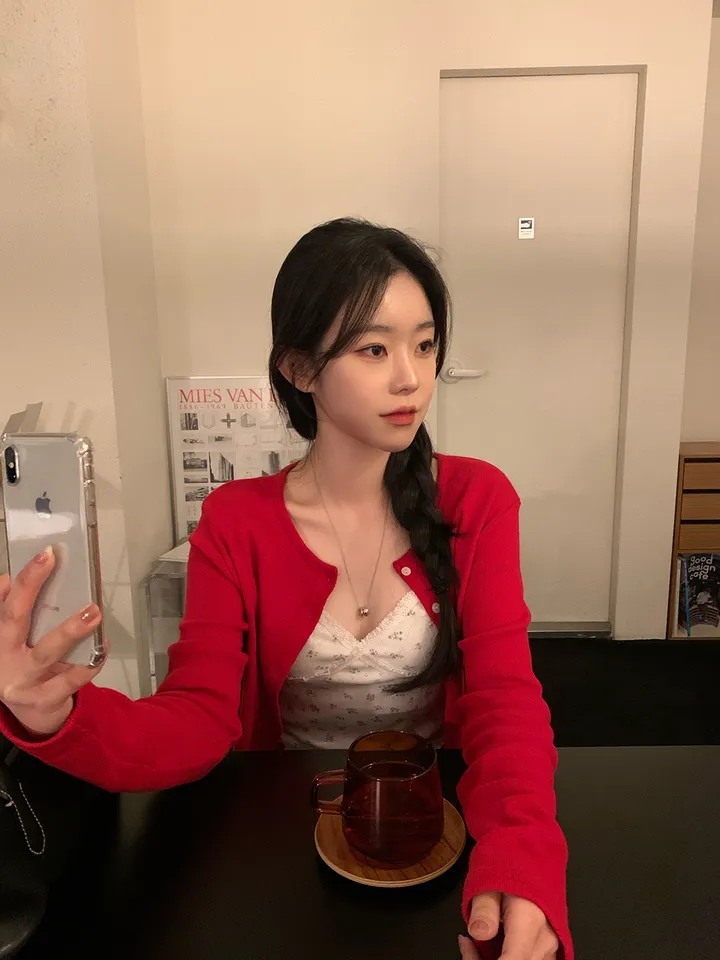[ 3천장돌파 ] 펀칭가디건 크롭 라운드 가디건 루즈핏 레드가디건 빨간가디건 라운드넥가디건 빈티지가디건 상세 이미지 8
