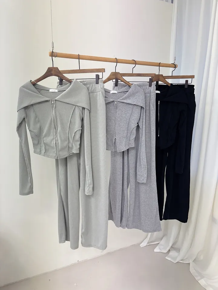*봄신상/골반생성* [SET] 찰랑 빅후드 절개 집업 + 일자 와이드 팬츠 트레이닝 투피스 세트 3color 상세 이미지 19