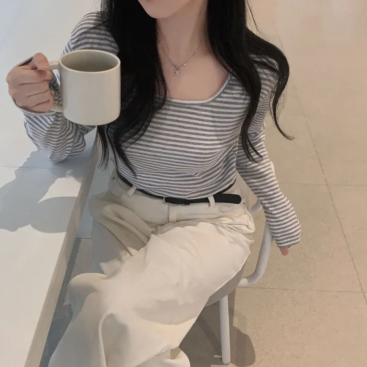 [팔말라핏🤍/단가라ver]팔뚝살 부각없는 3탄! 뉴페이스 단가라 스트라이프 스퀘어넥 루즈핏 긴팔티셔츠 상세 이미지 24