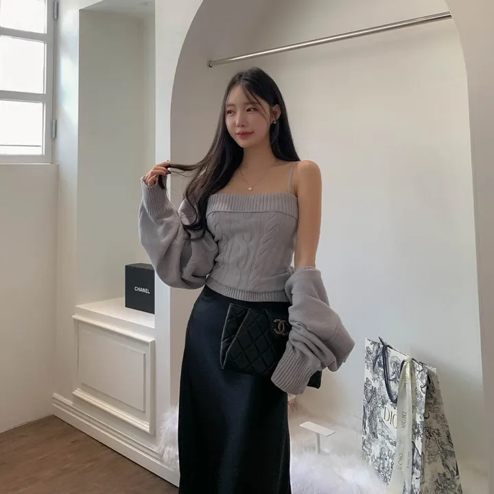 [찐애정템ㅠ고퀄버전*나시볼레로setෆ부유방삭제핏] 빈츠 꽈배기 끈나시 + 루즈핏 긴팔 볼레로 세트 니트 탑 나시 크롭 볼레로 가디건 스판 긴팔 투피스 세트 봄 가을 데일리룩 데이트 상세 이미지 50