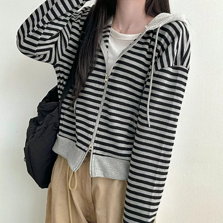 [캐주얼힙/투웨이] 스트라이프 단가라 배색 투웨이 지퍼 세미크롭 얇은 후드 집업 점퍼 봄 가을 간절기 아우터 모즈잔줄배색후드집업 상세 이미지 12
