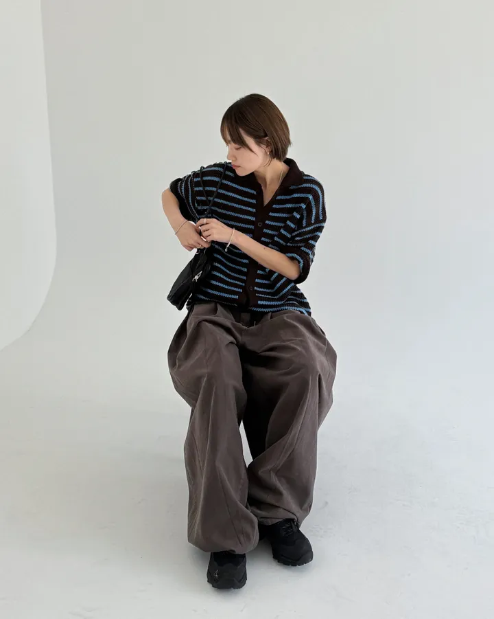 [온트추천] (UNISEX) 모리 스트라이프 카라 반팔 가디건 상세 이미지 23