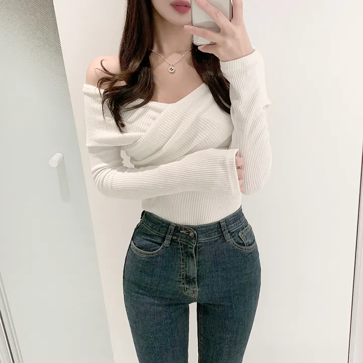 ( 당일출고!!, 핏보장!! ) 브이넥 오프숄더 골지 롱소매 기모 랩긴팔티 상세 이미지 13
