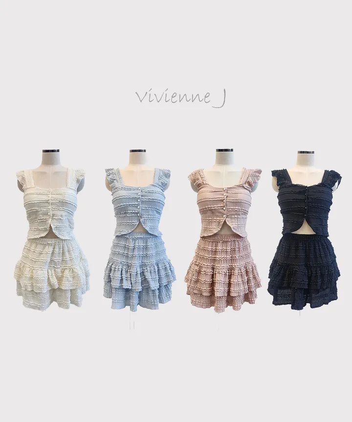 [당일발송] 4Color (캡내장)단추 펀칭 셔링 프릴 뷔스티에 크롭 나시 밴딩 미니 스커트 투피스 세트*2091 상세 이미지 3
