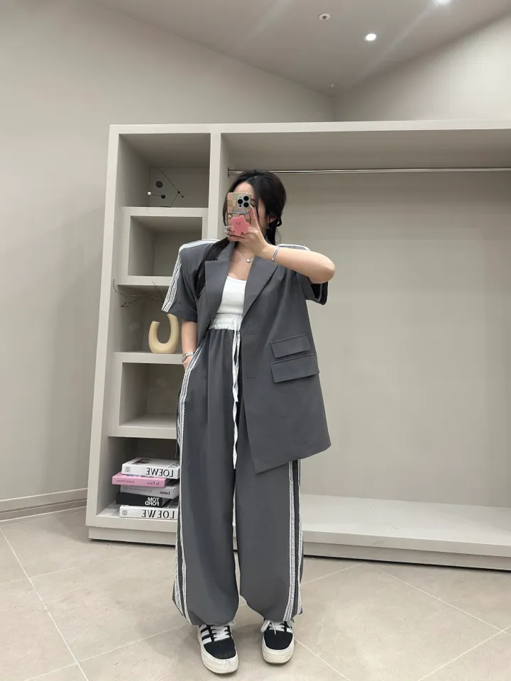 (프리미엄,핏보장,빅사이즈가능)트렌디한 자수레이스 배색 자켓팬츠세트 상세 이미지 14