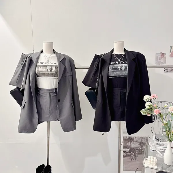 *당일발송* [페미닌!/하객룩!] 로제 테일러드카라 버튼자켓 단추자켓 오버핏자켓 긴팔자켓 하프자켓 롱자켓 하이웨스트 A라인 플레어 미니스커트 치마바지 여름투피스 세트 셋업 정장세트 상세 이미지 22
