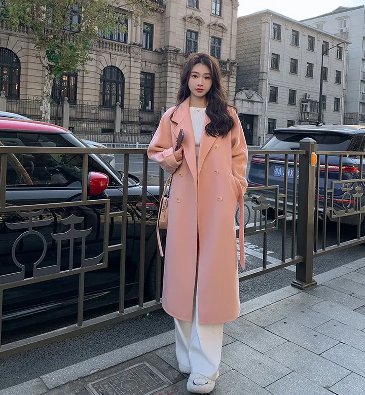파스텔 더블 버튼 빅카라 테일러드 벨트 모직 롱 코트 상세 이미지 11