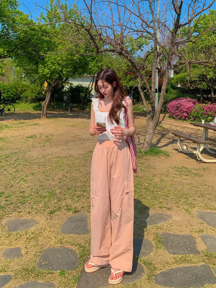 [묶음할인🎁간절기🤎롱&숏/진짜강추ㅠ] 아이스 바스락 나일론 썸머 카고 와이드 트레이닝 팬츠 하이웨스트 밴딩 봄 츄리닝 바지 냉장고 벚꽃룩 꽃놀이룩 개강여신 6COL 상세 이미지 31