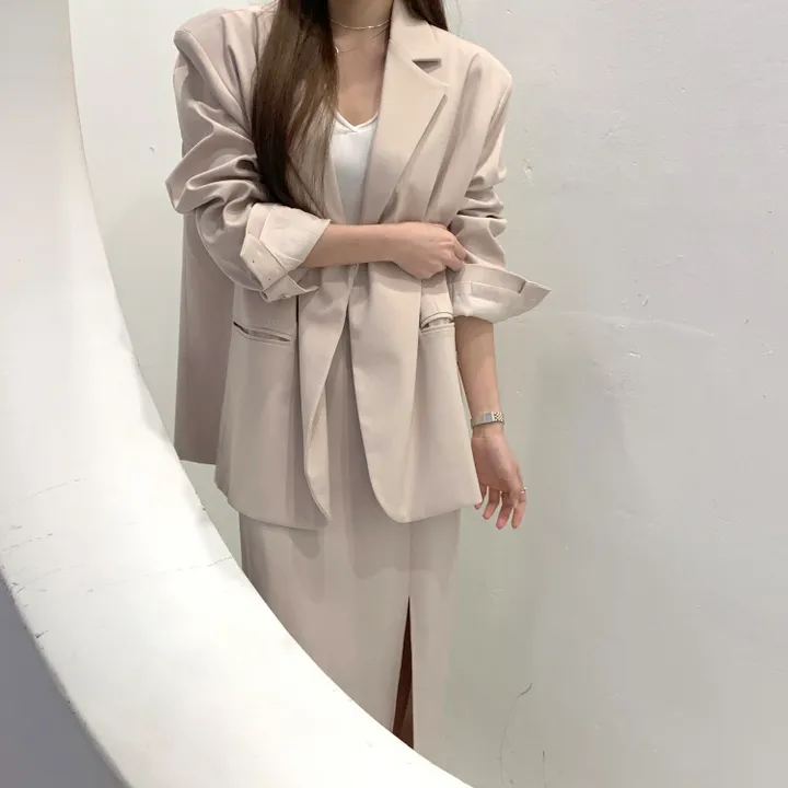 *한정수량원가 SALE* 국내 하이퀄리티 기본 수트 자켓 절개 슬릿 롱 스커트 하객룩 정장 오피스룩 투피스 세트 셋업 2color 상세 이미지 12