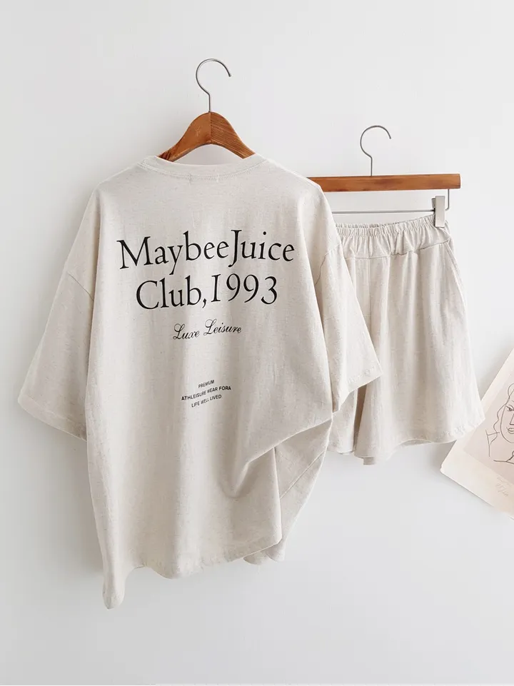 [세트가격!] Maybee 레터링 프린트 오버핏티셔츠 반팔 티셔츠 밴딩 반바지 홈웨어세트 여름파자마 트레이닝복 츄리닝세트 주말룩 여름휴가 바캉스룩 이지웨어세트 상세 이미지 5