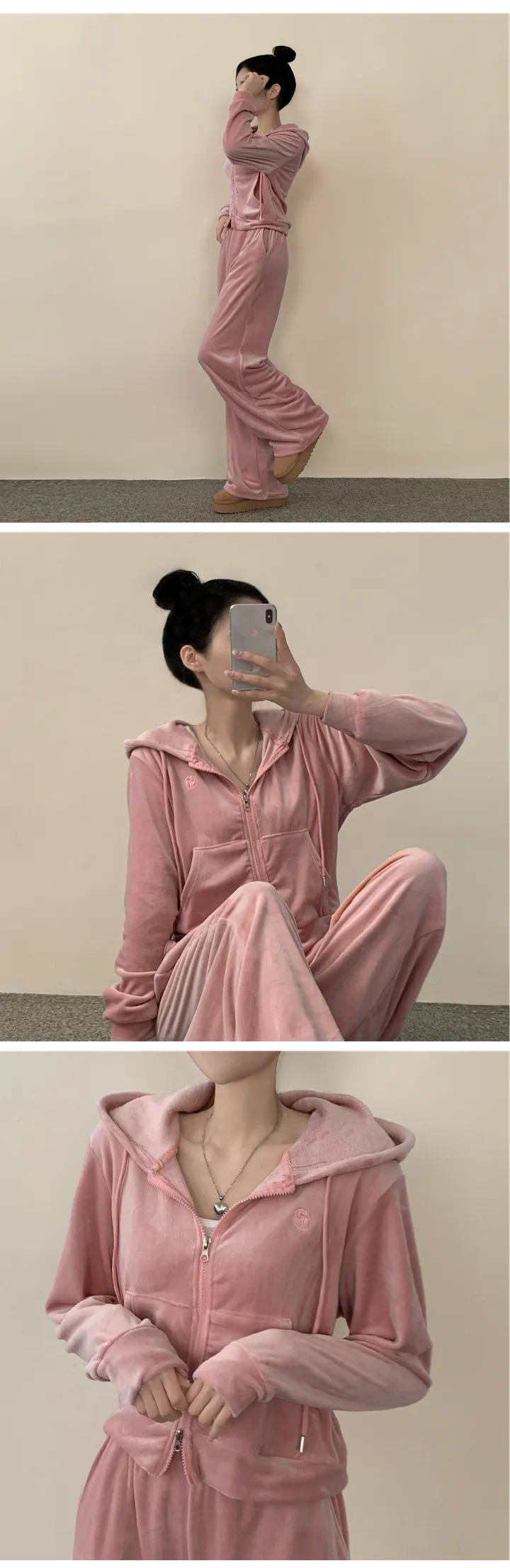 [세트가격✨/부드러운] 자수 벨벳 크롭 투웨이 후드집업 + 밴딩 와이드 팬츠 트레이닝 세트 4color 상세 이미지 5