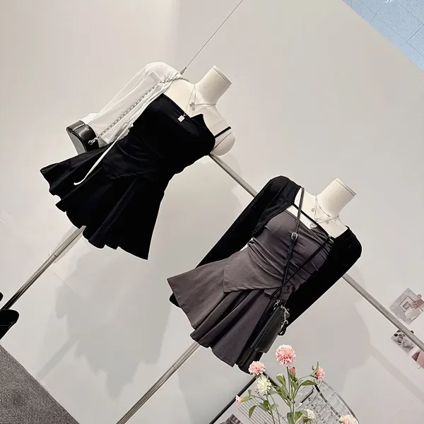 ❤️최저가❤️ *3pc [세트가격!/하이틴!] 펜시 스트랩 셔링나시 언발 사선 튜브탑 크롭나시 긴팔 크롭가디건 니트가디건 볼레로가디건 밴딩 A라인 플레어 미니스커트 여름투피스 세트 상세 이미지 34