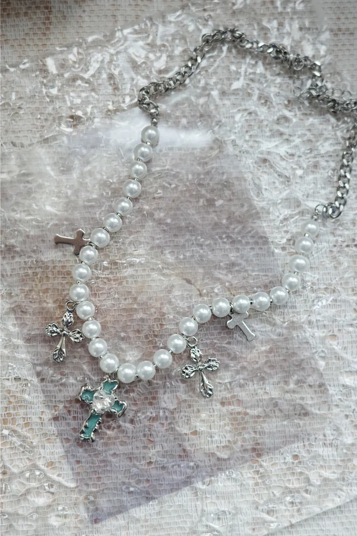 blue cross necklace | 블루 하트 십자가 진주 목걸이 상세 이미지 27