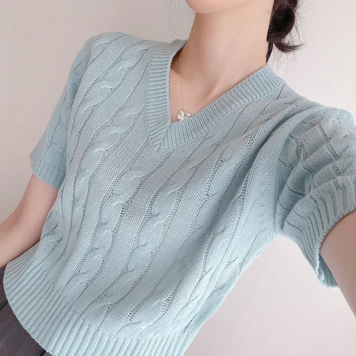 (6color/최저가 보장!) 실물보장! 색감에 반한, 마카롱 꽈배기 브이넥 크롭 반팔 니트 상세 이미지 10