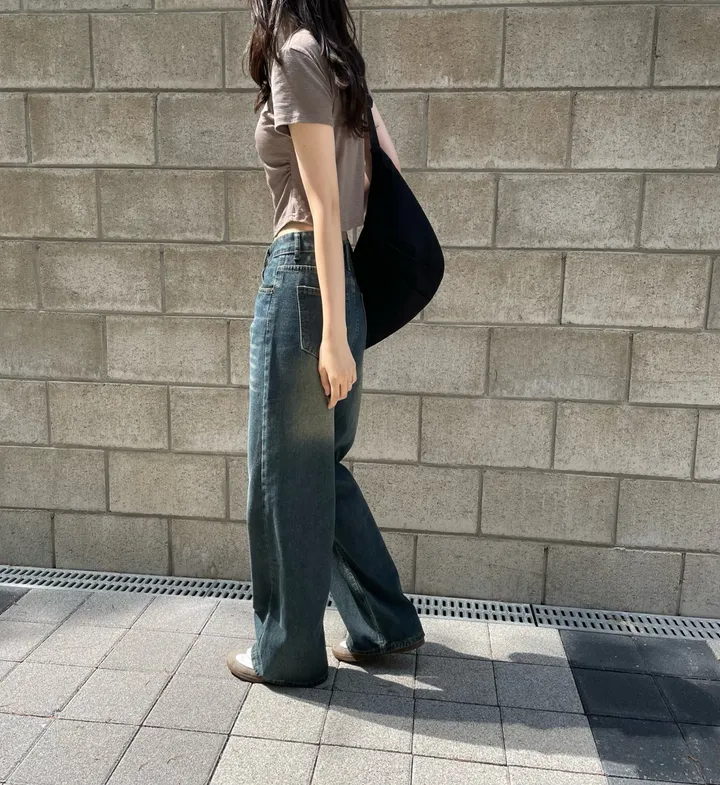 [ 사계절용 / 자체제작 ! ] 원버튼 빈티지 워싱 하이웨스트 와이드 데님 팬츠 바지 상세 이미지 6