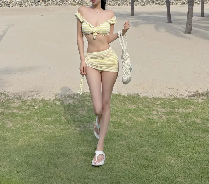 [최저가/신상할인] 쁘띠 오프숄더 브이넥 반팔 물결 스트라이프 옐로우 셔링 3피스 비키니 2color 상세 이미지 9