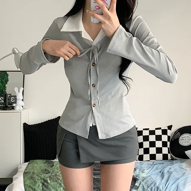 [일체형/모던룩/2col] 신디 일체형 슬림핏 레이어드 셔츠 가디건 / 카라넥 / 리본가디건 / 레이어드티셔츠 / 페이크셔츠 / 긱시크 / 브이넥 / 셔츠니트 / 코디완성 / 강추 상세 이미지 28