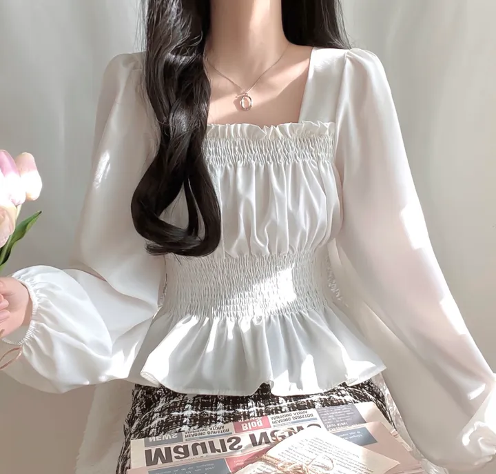 [체형보정/살랑쉬폰] 샤인 스퀘어넥 프릴 셔링 스모크 밴딩 퍼프 블라우스 상세 이미지 9