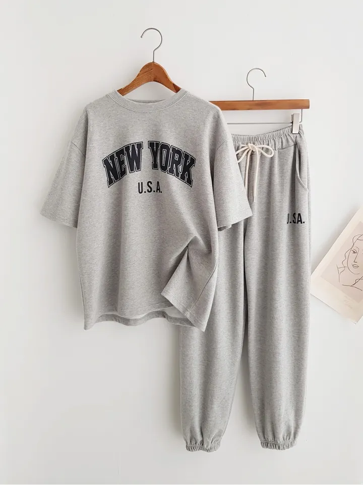 [데일리SET] NEW YORK 프린트 반팔티셔츠 오버핏반팔 밴딩팬츠 조거팬츠 조거바지 트레이닝세트 반팔세트 조거세트 츄리닝세트 이지웨어세트 여름트레이닝복 운동복세트 공항룩 상세 이미지 10