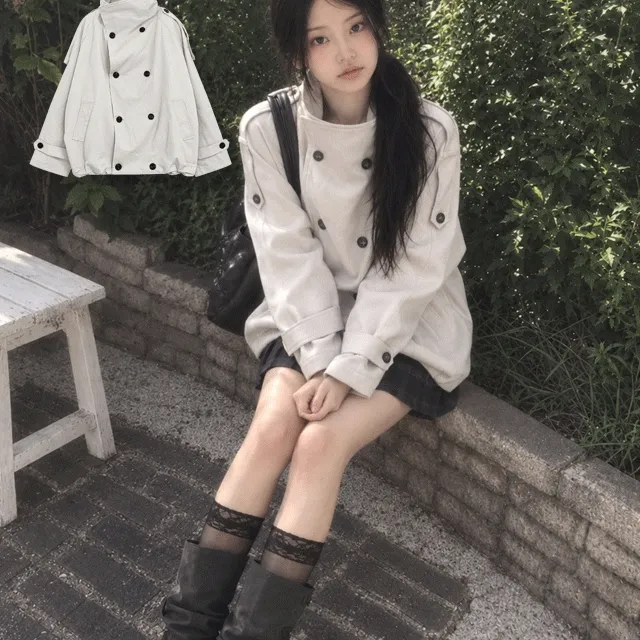 [아방핏,핀터무드] 하이넥 더블버튼 오버 숏 트렌치 코트 자켓
