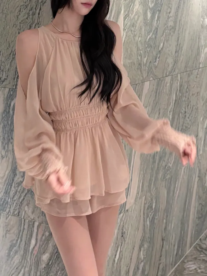 [요정템🧚] 물복숭아 쉬폰 플로럴 어깨트임 3단 코르셋 리본끈 투피스 세트 상세 이미지 27