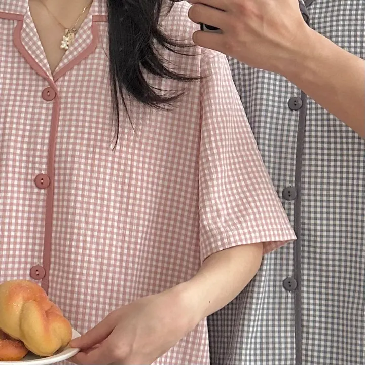 [커플잠옷/3사이즈] 시원한 여름 잠옷 체크 반팔 파자마 세트 (3컬러) 상세 이미지 12