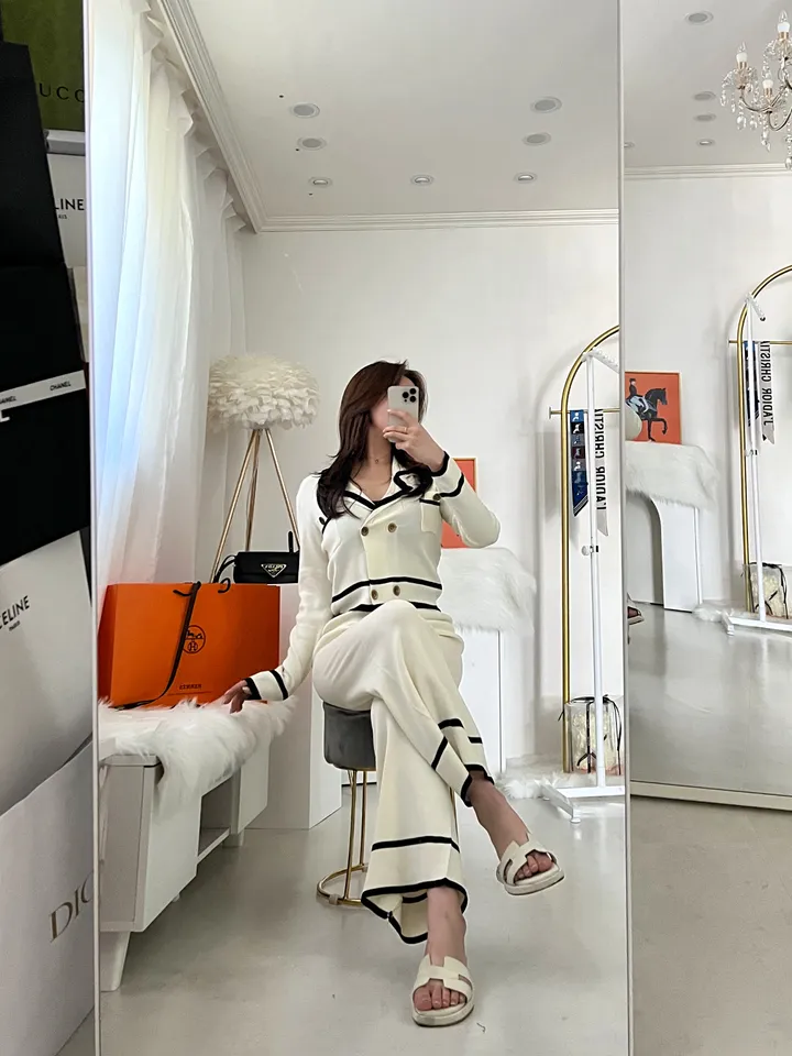 수입 배색 라인 더블 카라넥 버튼 와이드 팬츠 숏 가디건 투피스 셋업 상세 이미지 10