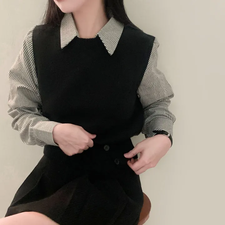 [단독/일체형!/✨주문폭주✨]올인원 쓰리버튼 레이어드 일체형 스트라이프 셔츠+니트조끼 상세 이미지 22