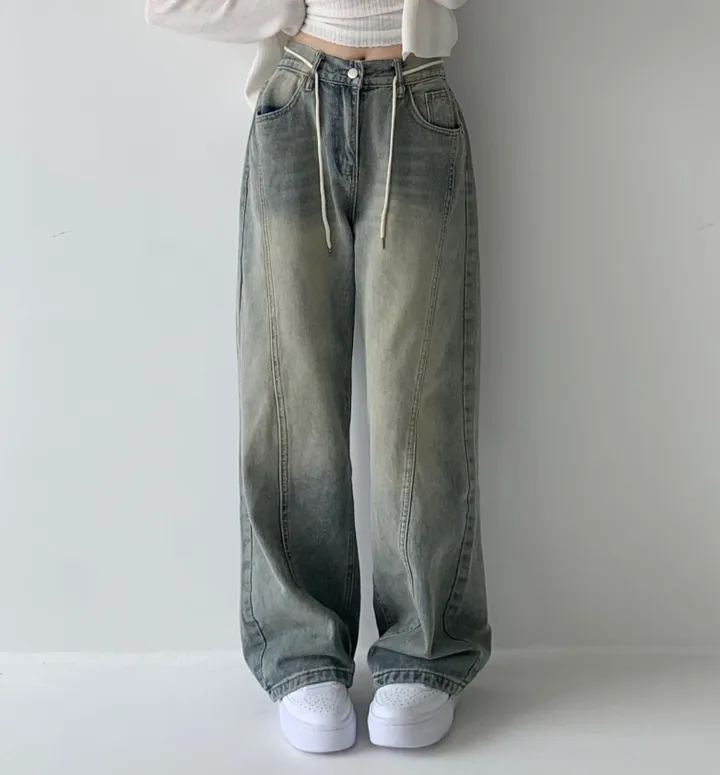 [색감깡패🖤/끈탈부착O] 미드나잇 뒷밴딩 스트링 스트랩 하이웨스트 절개라인 빈티지 워싱 롱 와이드 데님 팬츠 밴딩바지 청바지 사계절청바지 상세 이미지 15