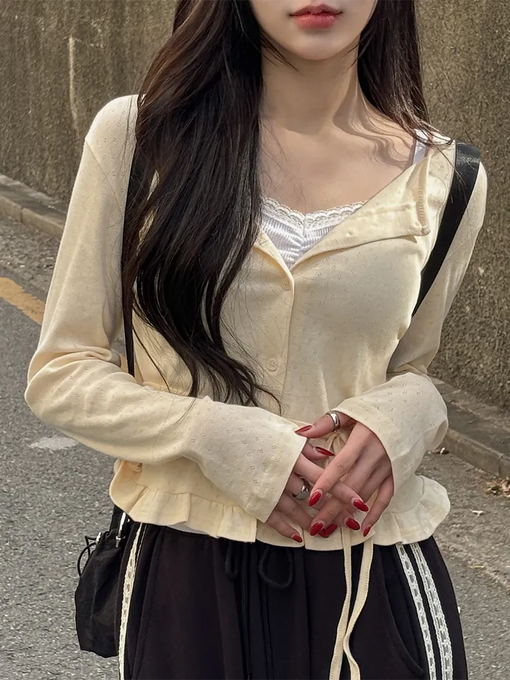 [머플러set/파스텔색감] 아투 라운드넥 펀칭 아일렛 프릴 여리핏 긴팔 가디건 3colors 상세 이미지 6