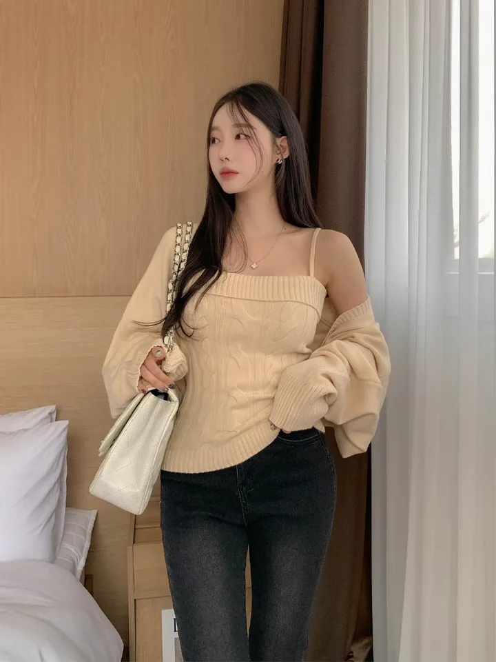[찐애정템ㅠ고퀄버전*나시볼레로setෆ부유방삭제핏] 빈츠 꽈배기 끈나시 + 루즈핏 긴팔 볼레로 세트 니트 탑 나시 크롭 볼레로 가디건 스판 긴팔 투피스 세트 봄 가을 데일리룩 데이트 상세 이미지 16