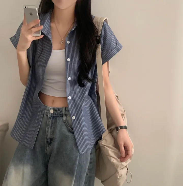 [빈티지🤍/여름셔츠] 샌드 스트라이프 루즈핏 롤업 반팔셔츠,남방 - 3color 상세 이미지 31