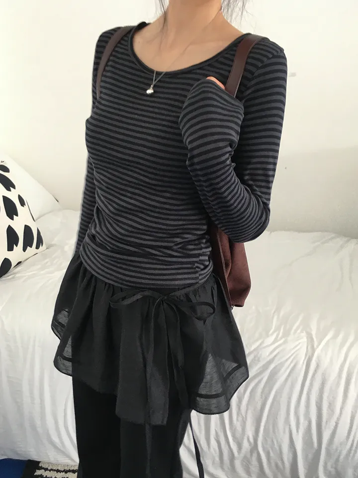 [슬림핏!/간절기,봄필수! 잔단가라 라운드넥 단가라티셔츠 긴팔티셔츠 이너티 기본티] 엘리슬림핏단가라긴팔T 상세 이미지 33