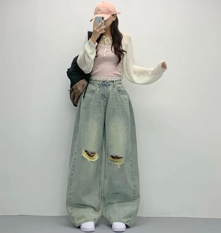 당일🚀[숏,롱/~XL/찐인생바지] 슬릿 찢청 폴딩 빈티지워싱 벌룬핏 옆핀턱 와이드팬츠 무릎트임 데님 청바지 기장선택 빅사이즈까지 오버핏팬츠 여름청바지 상세 이미지 43