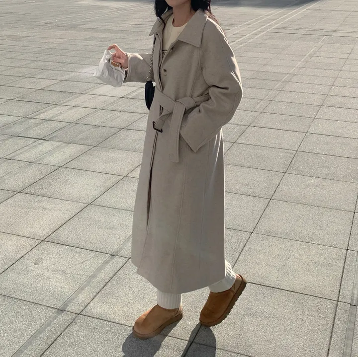 [wool30%/고퀄리티] 히든 버튼 오버핏 벨트세트 허리끈 발마칸 싱글 롱 코트 상세 이미지 9