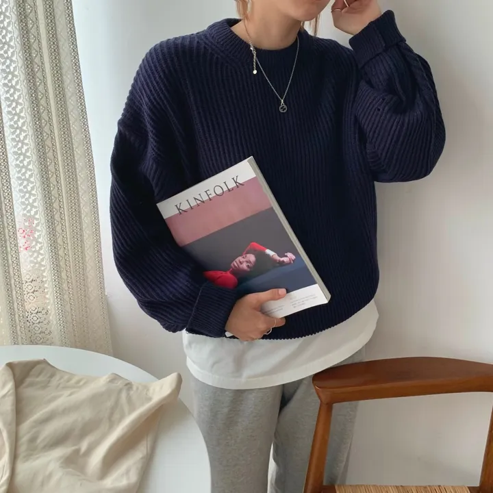 6col 베이직ㅣ여유로운 피그멘티 라운드넥 루즈핏 기본 캐주얼 니트 상세 이미지 12