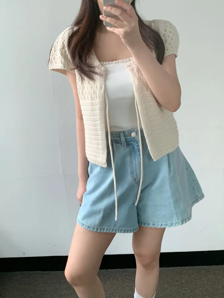 멜라운지 콤비 하프 가디건 mellounge 2col 반팔 여름 리본 펀칭 레이어드 러블리 상세 이미지 7