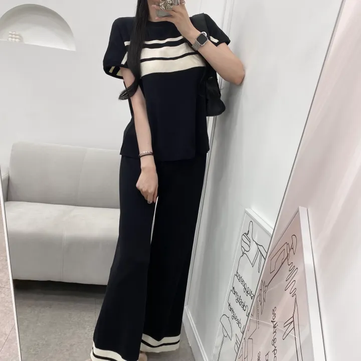 [set/1탄!]배색 니트 반팔 롱 와이드 팬츠 투피스 트레이닝 세트 2color 상세 이미지 12