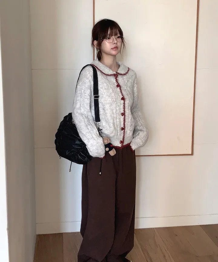 [MD추천✨러블리] 우토 하트 단추 카라 배색 니트 가디건 봄 가을 / 니트가디건 가디건 봄가디건 아우터 바람막이 청자켓 뮤잉 상세 이미지 11