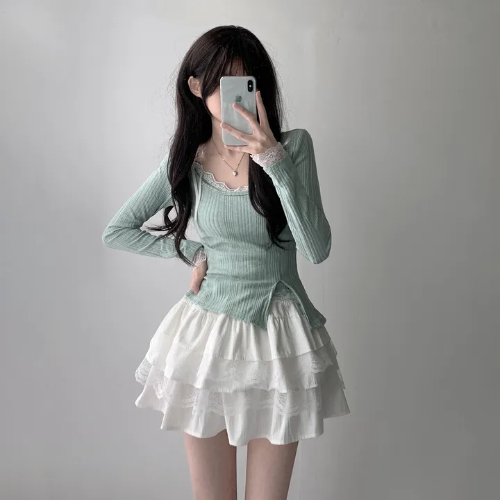[은은한펄/러블리] 트윙클 골지 슬릿 펄 긴팔 티셔츠+레이스 리본 나시&슈아 밴딩 캉캉 미니 스커트 투피스 쓰리피스 코디세트 단품 세트 상세 이미지 12
