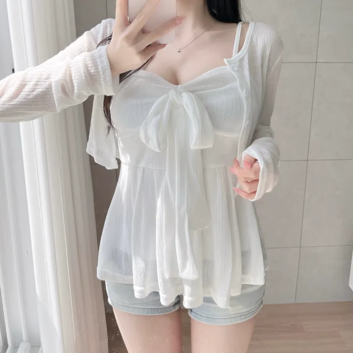 *퀄보장🩷뱃살커버* 클린 리본 플레어라인 나시 가디건 set 상세 이미지 5