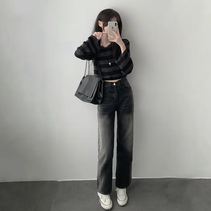 *주문폭주* [데일리힙set] 물결 단가라 니트 티셔츠 & 흑청 사이드워싱 데님 팬츠 [D1-9] 상세 이미지 10