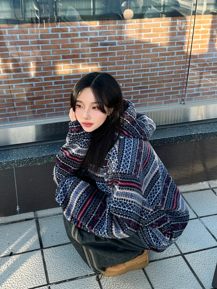 *❄️커플룩강추*[빈티지/유니크]스노우 패턴 투웨이 후드 후리스 집업 (3color) 상세 이미지 3
