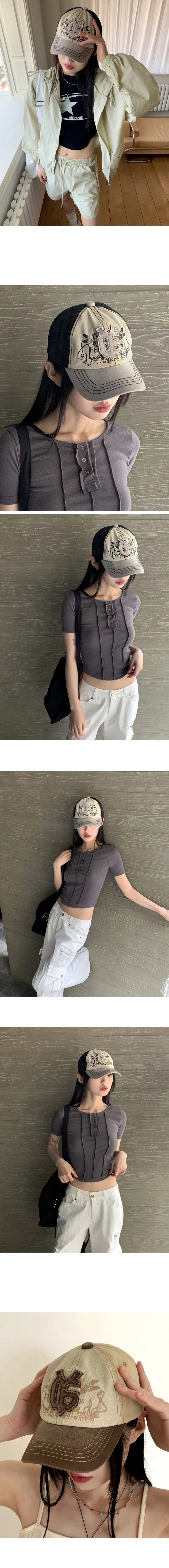코닐 y2k 워싱 자수 패치 배색 볼캡 모자 상세 이미지 5