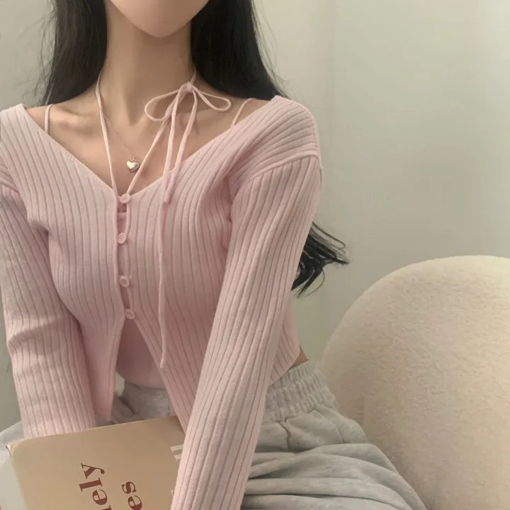 [선택가능/국내*.*] 청순한 무드, 골지 크롭 니트가디건+홀터 끈나시 셋업 - 5color 상세 이미지 21