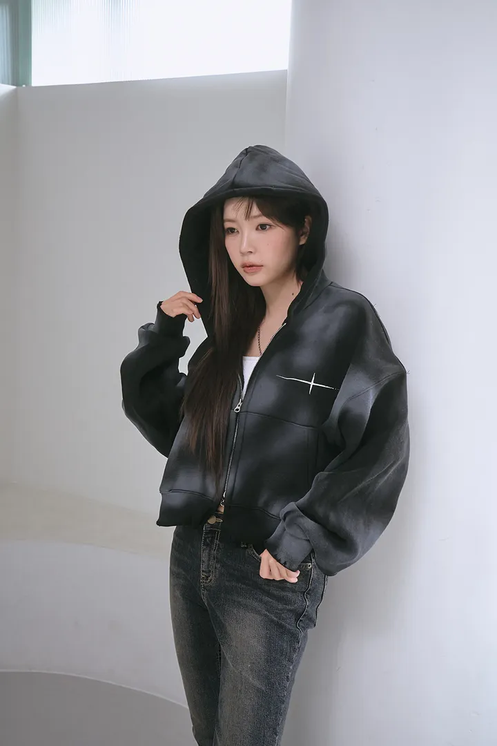 [UNISEX] 빈티지 워싱 더티 투웨이 후드집업 크롭 워싱  피그먼트 오버핏  핸드워머  커플룩 스트릿룩 빈티지룩 남여공용 유니섹스 크롭집업  빅사이즈 유니크 봄신상신상 물나염 상세 이미지 6