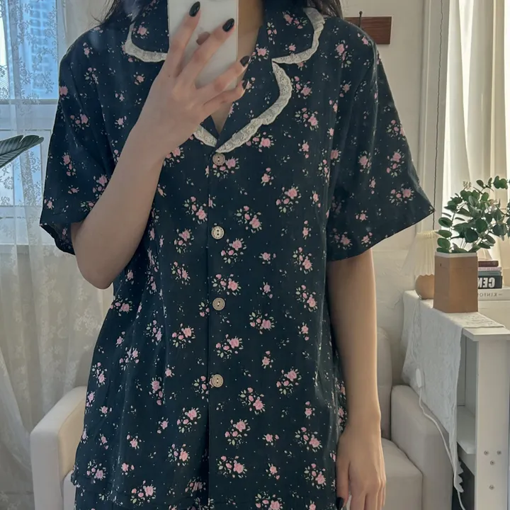 [당일출고] 핑크 플라워 네이비 레이스 카라 반팔 반바지 파자마 잠옷세트 (패드내장) 상세 이미지 6